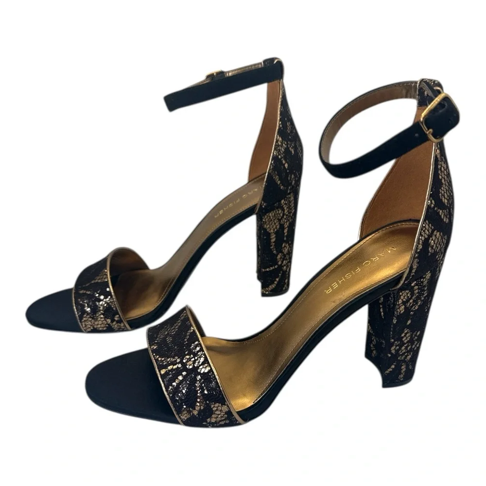 Marc Fisher Womens Black & Gold Lace Block Heel Ankle Strap Sandals Open Toe 10M